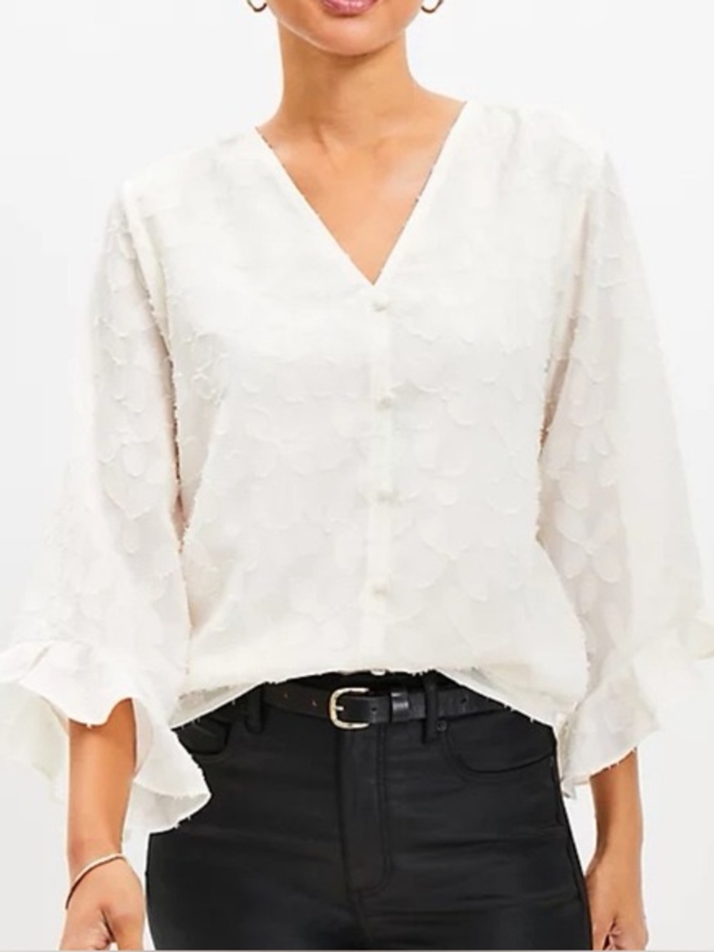 LOFT White Clip V-Neck Ruffle Cuff Blouse Size Large